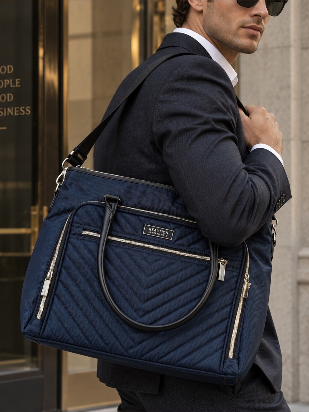 Kenneth Cole Reaction Navy Quilted Laptop Bag with Black Trim